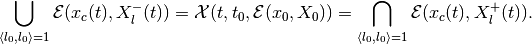 \bigcup_{\langle l_0,l_0\rangle=1}{\mathcal E}(x_c(t),X^-_l(t)) =
{\mathcal X}(t,t_0,{\mathcal E}(x_0,X_0)) =
\bigcap_{\langle l_0,l_0\rangle=1}{\mathcal E}(x_c(t),X^+_l(t)).