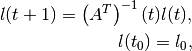 l(t+1) = \left(A^T\right)^{-1}(t)l(t), \\
l(t_0) = l_0,